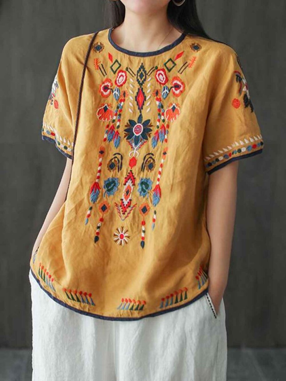 Linen Blend Southwestern Embroidered Tunic Blouse Multicolor Women M